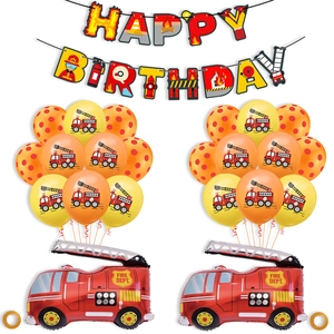 Fire truck birthday party decorations set with red yellow balloons and happy birthday banner