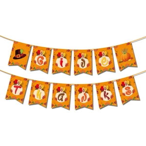 Give Thanks Thanksgiving banner with turkey, pumpkin, and maple leaf party decorations
