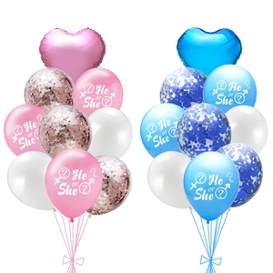 Gender Reveal Ballon-Set mit blauen und rosa Herzfolien und He or She Latex-Ballons