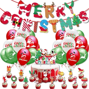 Merry Christmas Party Decoration Set Latex Balloons Paper Banner Cake Toppers Santa Claus Reindeer Patterns Holiday Event Supplies