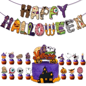 Kit déco fête Halloween avec bannière Happy Halloween et pics à gâteaux effrayants