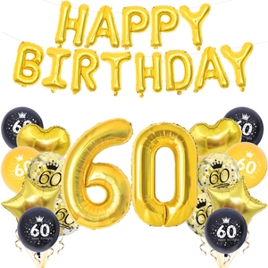 Kit déco 60ème anniversaire avec ballons dorés en aluminium et latex noir sur fond blanc