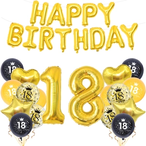 Ensemble détaillé de ballons pour 18e anniversaire avec chiffres dorés et confettis