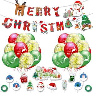 Detailed Christmas party kit with red banner, festive balloons and themed cake toppers