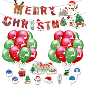 Detailed Christmas party kit with Merry Christmas banners, festive balloons, and cake toppers
