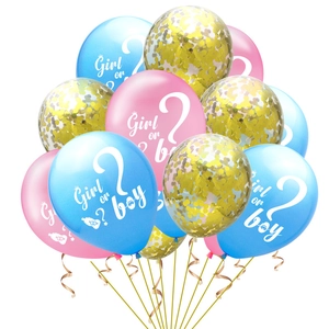 Set di palloncini Gender Reveal con palloncini rosa, blu e coriandoli dorati su sfondo bianco