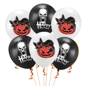 Set of 6 Halloween latex balloons featuring skulls, black cats, and pumpkin patterns