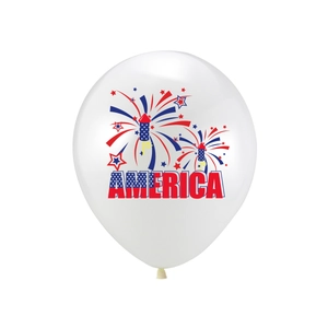 White Independence Day balloon with red and blue fireworks and America text print