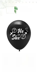 Detail showing pink, black, and blue gender reveal latex balloons with He or She print