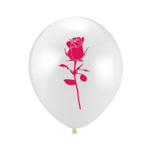 White latex Valentine's Day balloon featuring a bright pink rose print for party decor