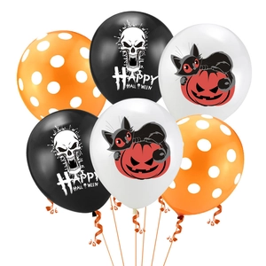 Detail of Halloween latex balloons with skull, pumpkin, cat motifs and orange ribbons