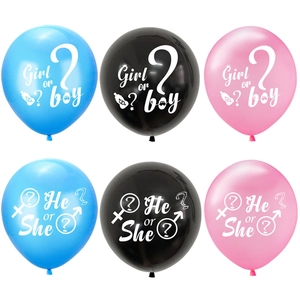 Detail of baby shower gender reveal latex balloons featuring Boy or Girl prints and icons