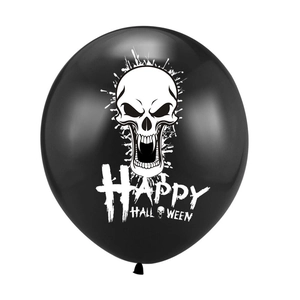 Black Halloween latex balloon with white skull and Happy Halloween graffiti print