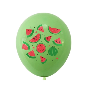 Detail of light green latex balloon with cute watermelon prints for summer party decor