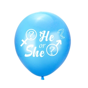 Detail of blue latex balloon with white He or She printing for gender reveal baby shower