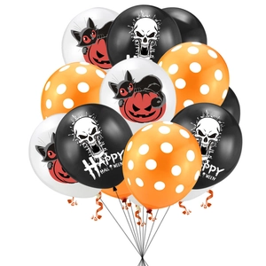 Close-up of Halloween latex balloons with skulls, black cats, pumpkins, and white dots