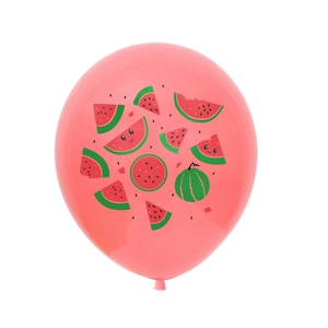 Detailed view of pink latex balloon featuring cute cartoon watermelon patterns and prints