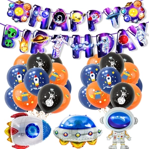 Kit fête espace avec ballons astronaute et bannière violette Happy Birthday