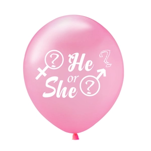 Pink gender reveal latex balloon featuring white He or She text and gender symbols