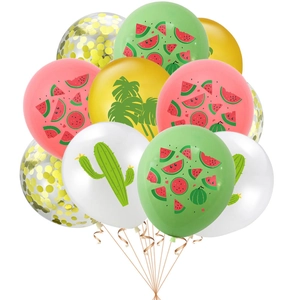 Hawaiian party balloon set with watermelon, cactus, palm leaf prints and gold confetti