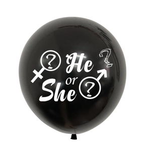 Close-up of black gender reveal latex balloon with white He or She text and symbols