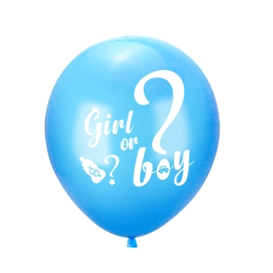Blue latex balloon featuring white Girl or Boy print for gender reveal party decor