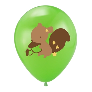 Green jungle party balloon with a cute cartoon squirrel holding a nut on white background
