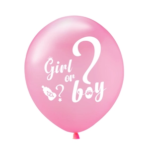 Detailed view of a pink latex gender reveal balloon with white Girl or Boy text graphics
