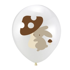 White latex party balloon with brown cartoon rabbit and mushroom print for jungle theme
