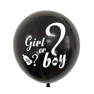 Detail of black Girl or Boy gender reveal latex balloon with white icons and text
