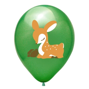 Green jungle themed latex balloon with a cute cartoon sleeping deer print for forest parties