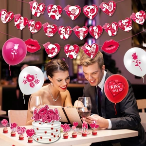 Happy Valentine's Day party decor set with banners, balloons and cake toppers