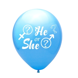 Blue latex gender reveal balloon featuring white He or She text and question marks