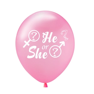 Pink He or She latex balloon with question mark symbols for gender reveal baby shower