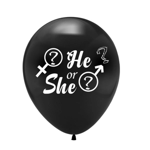 Detail of black gender reveal latex balloon with white He or She text and symbols