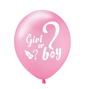 Detailed view of pink latex Gender Reveal balloon with Girl or Boy white silk print