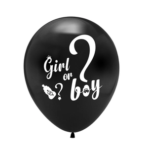 Detailed view of black latex gender reveal balloon featuring white Girl or Boy artwork