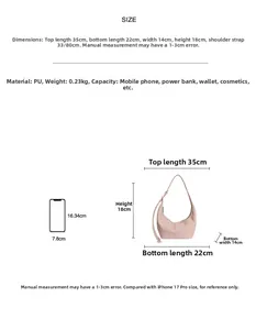 Size chart showing pink PU shoulder bag dimensions with mobile phone comparison