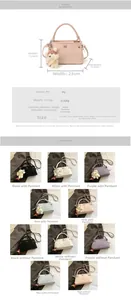 Size guide for PU handbag showing 23x13.5x9.5cm dimensions and adjustable 120cm strap