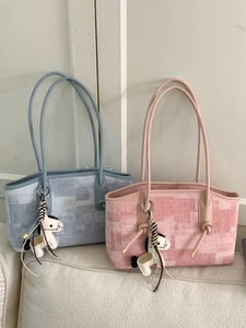 Chic tote bags in light blue and pink with pixel woven texture and cute horse charms