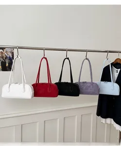 Detailed row of minimalist baguette bags in white, red, black, purple, and blue colors