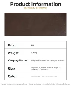 Size chart showing PU handbag dimensions, weight specifications and color options