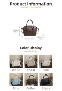 Infographic showing dimensions 29x18x12cm and six color options for the crossbody bag