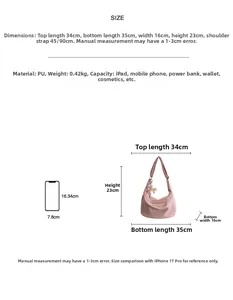 Size guide for large PU leather crossbody bag showing dimensions and capacity specs