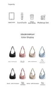 Detailed guide showing spacious nylon dumpling bag capacity for iPad and daily essentials
