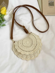 Women's Straw Woven Crossbody Bag Handmade Crochet Half Round Saddle Bag Scalloped Edge Adjustable Strap Summer Beach Bag