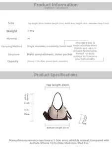Detailed size chart of the retro bucket bag with dimensions in cm and strap length