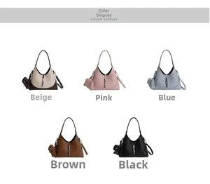 Detail view of leather textures and metal buckles on five assorted color crossbody bags