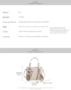 Detail view of cream PU handbag with bear pendant and dimensions: 22cm x 17cm x 10cm