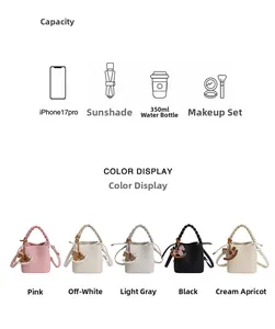 Detailed capacity view of mini bucket bags with drawstring and woven handle in five colors